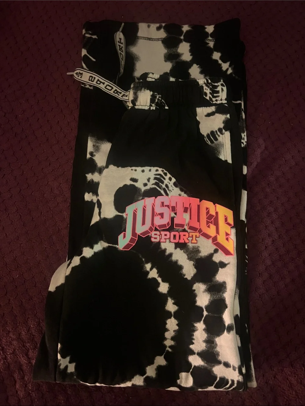 Justice Black & White Tie-Dye Joggers with Neon Logo size M 10